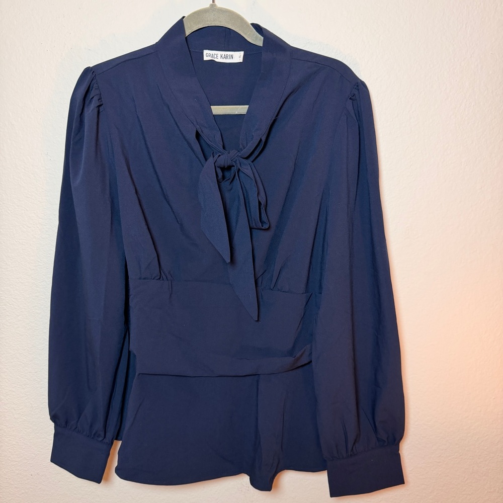 Navy Tie Neck Blouse XL Office Siren Career Staple Workwear Chic Feminine Top
